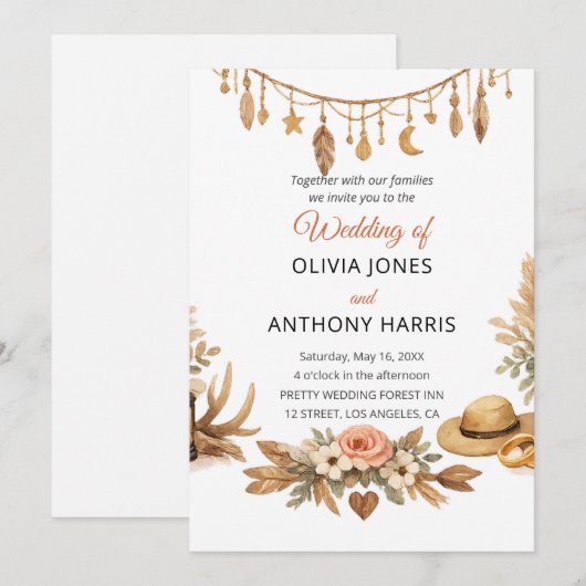 Elegant Rustic Boho Floral Chic Wedding  Einladung (Vorne/Hinten)