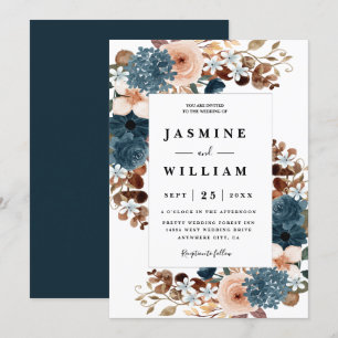 Elegant Rustic Boho Floral Navy Blue Wedding Einladung