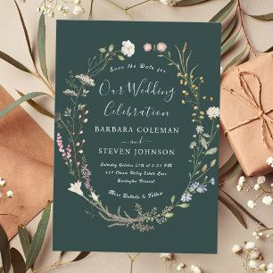 Elegant Rustic Boho Wildblume Dark Green Wedding Einladung