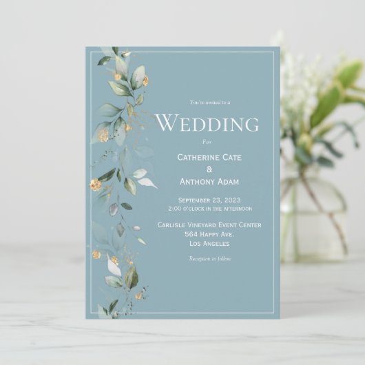 Elegant Rustic Eucalyptus Blue Wedding Einladung (Stehend Vorderseite)