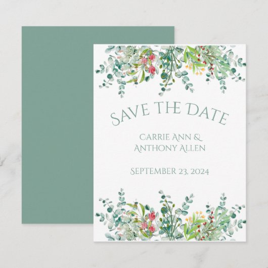Elegant Rustic Eucalyptus Floral Save the Date (Vorne/Hinten)