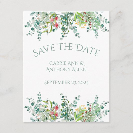 Elegant Rustic Eucalyptus Floral Save the Date (Vorderseite)