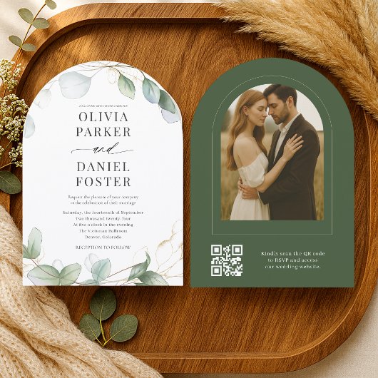 Elegant Rustic Eucalyptus QR Code Photo Wedding Einladung