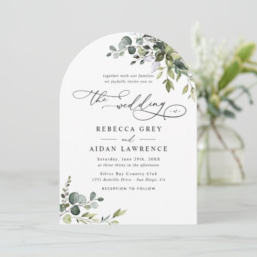 Elegant Rustic Eukalyptus Greenery Arched Wedding Einladung (Stehend Vorderseite)