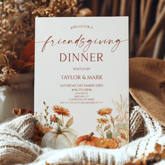 Elegant Rustic Floral Pumpkin Friendsgiving Dinner Einladung