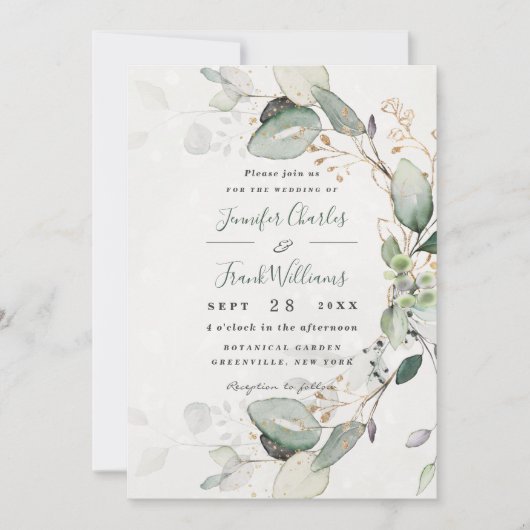 Elegant Rustic Gold Greenery Eucalyptus Wedding Einladung (Vorderseite)