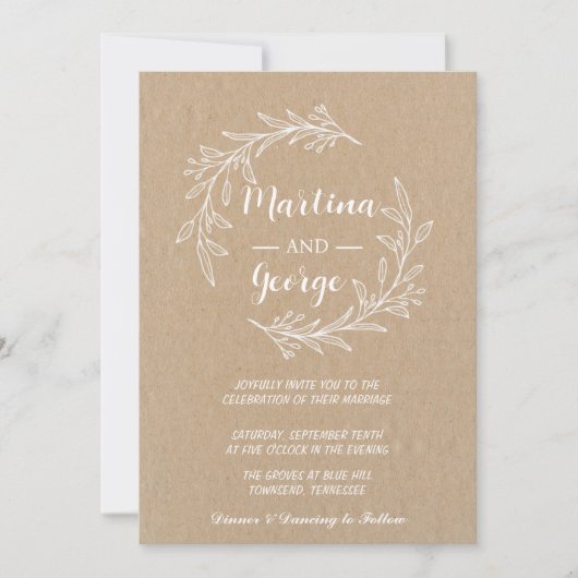 Elegant Rustic kraft Minimal Leaf Hochzeit Einladung (Vorderseite)
