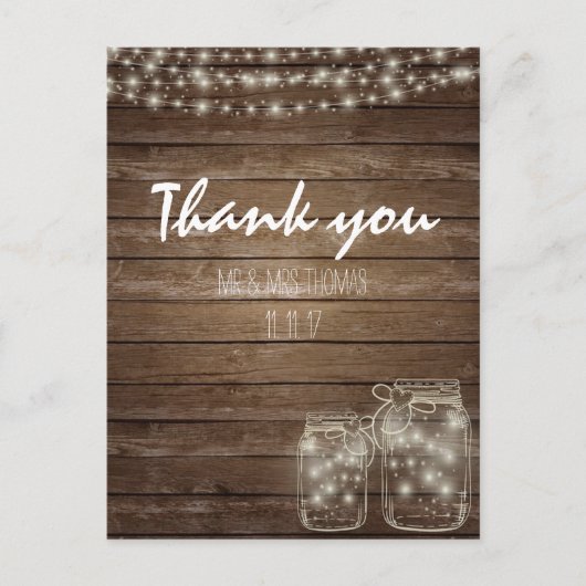 Elegant Rustic Mason Jar Lights Danke Postcard Postkarte (Vorderseite)