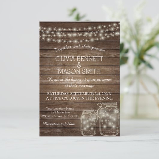 Elegant Rustic Mason Jar Lights Hochzeitseinladung Einladung (Stehend Vorderseite)