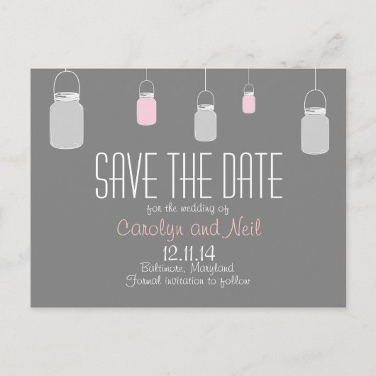Elegant Rustic Mason Jars Save the Date PostCard Ankündigungspostkarte (Vorderseite)