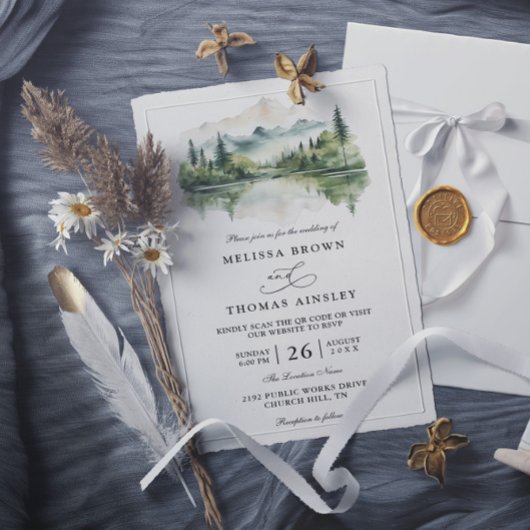 Elegant Rustic Mountain Budget QR Code Wedding Einladung
