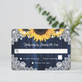 Elegant Rustic Navy Blue Wood Sunflower Wedding RSVP Karte (Stehend Vorderseite)