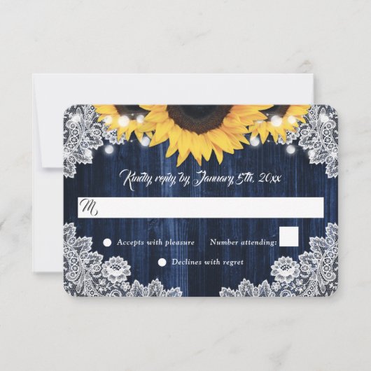 Elegant Rustic Navy Blue Wood Sunflower Wedding RSVP Karte (Vorderseite)