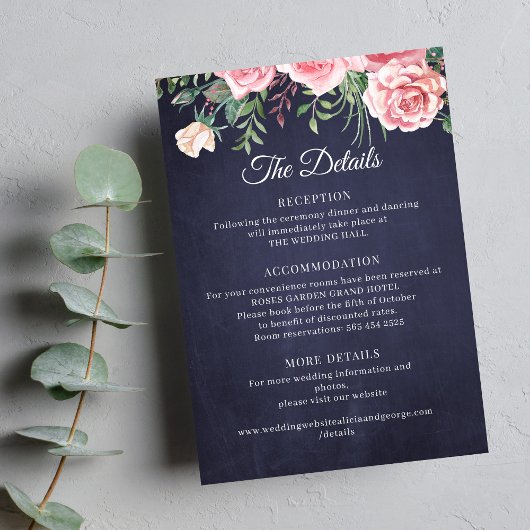 Elegant rustic pink floral navy wedding details begleitkarte