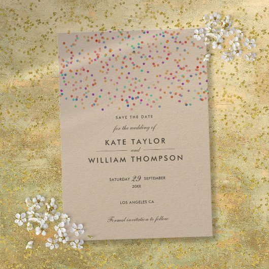 Elegant Rustic Rainbow Confetti Wedding Save The Date
