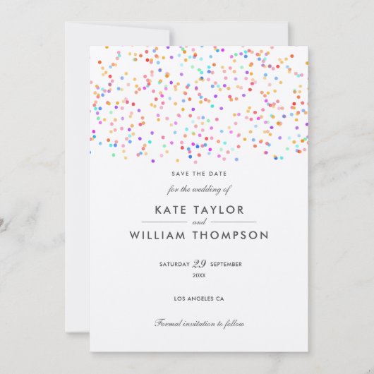 Elegant Rustic Rainbow Confetti Wedding Save The Date (Vorderseite)
