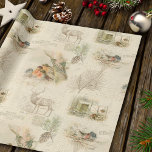 Elegant Rustic Vintage Weihnachtswald Collage Geschenkpapier<br><div class="desc">Schöne,  rustikale Vintage Winterwaldlandsszene mit gravierten Stöcken,  Kiefern,  Texten,  Schriften,  Postkartengrafiken und süßen Nistrobinen auf gerötetem sepia Pergament Hintergrund.</div>