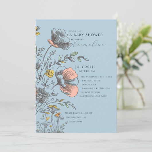 Elegant Rustic Wildflower Blue Baby Shower Einladung (Stehend Vorderseite)