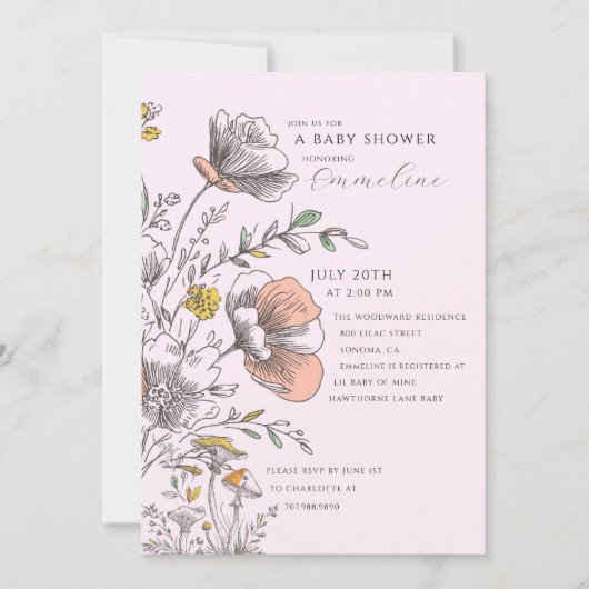 Elegant Rustic Wildflower Pink Baby Shower Einladung (Vorderseite)