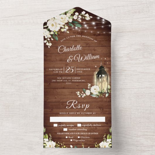 Elegant Rustic Wood White Roses Wedding All In One Einladung (Innen Boden)