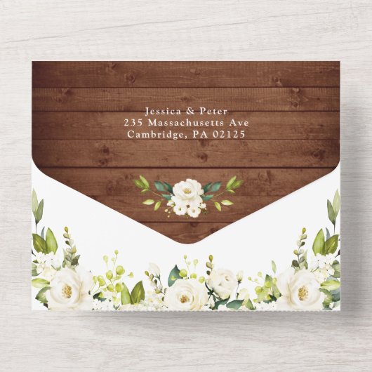Elegant Rustic Wood White Roses Wedding All In One Einladung (Rückseite)