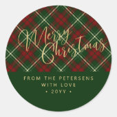 Elegant rustikal kariert rot und grün Frohe Weihna Runder Aufkleber (Vorderseite)