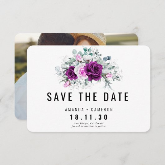 Elegant Rustikal Lila Blush Floral Save the Date Einladung (Vorne/Hinten)