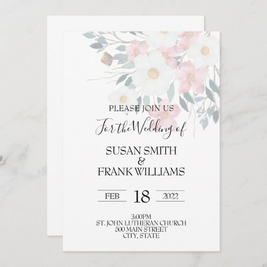 Elegant rustikal rosa und weiße Aquarellblume Einladung (Vorne/Hinten)