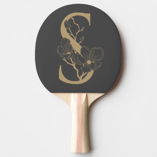 Elegant S Boho Floral Monogram Initial Gray Gold Tischtennis Schläger (Vorderseite)