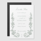 Elegant Sage Baroque Roses Save the Date Magneteinladung (Vorne/Hinten)