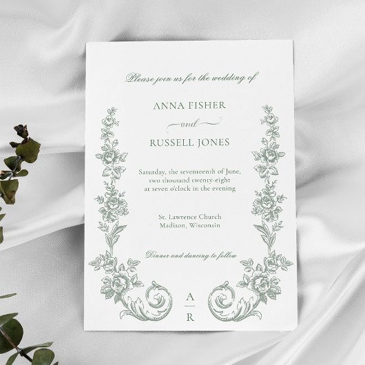 Elegant Sage Baroque Roses Wedding Einladung