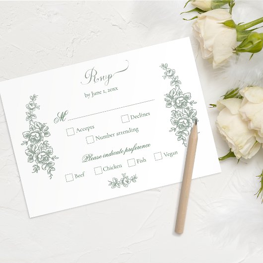 Elegant Sage Baroque Roses Wedding RSVP Karte