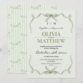 Elegant Sage Bow and Stripe Wedding Einladung