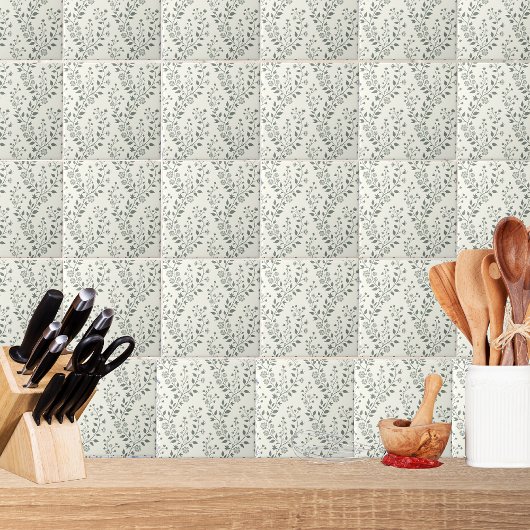 Elegant Sage Cream Minimalist Boho Floral Pattern Fliese