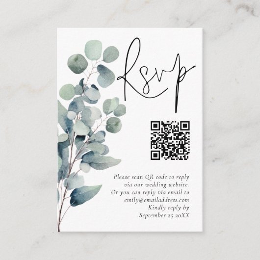 Elegant Sage Eucalyptus QR Code Wedding RSVP Begleitkarte (Vorderseite)
