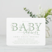 Elegant Sage Floral Baby Shower Typography Einladung (Stehend Vorderseite)
