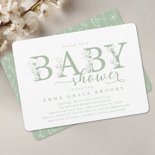 Elegant Sage Floral Baby Shower Typography Einladung