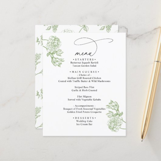 Elegant Sage Floral Modern Script Wedding Menu (Vorderseite/Rückseite Beispiel)