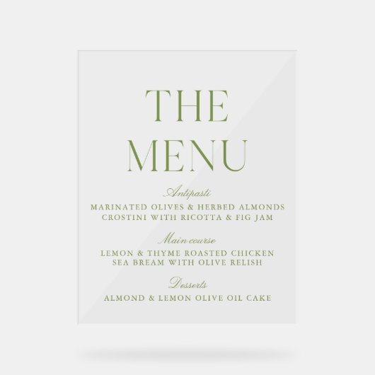 Elegant Sage Green Acrylic Wedding Menu Sign Acrylschild (Vorderseite)