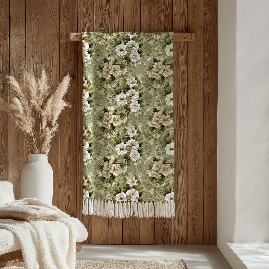 Elegant sage green and white flowers blanket fleecedecke