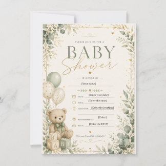 Elegant Sage Green Baby Shower Invitation | Teddy  Einladung
