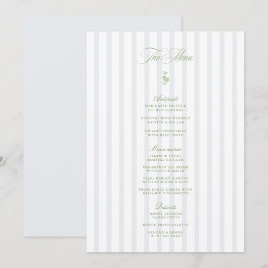 Elegant Sage Green & Blue Striped Wedding Menu Einladung (Vorne/Hinten)