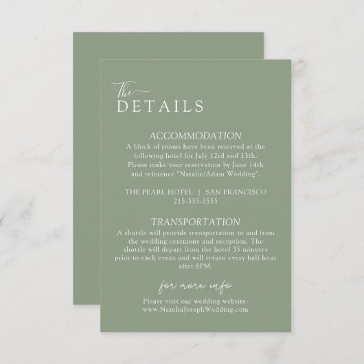 Elegant Sage Green Boho Modern Wedding Details Begleitkarte (Vorne/Hinten)
