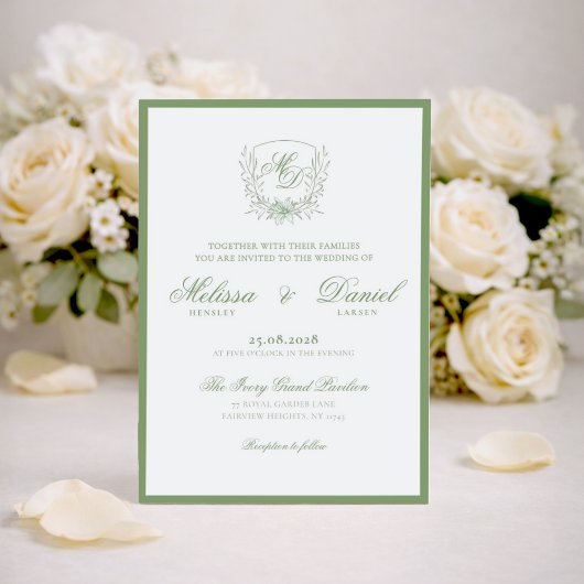 Elegant Sage Green Botanical Crest Wedding Einladung