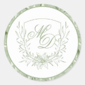 Elegant Sage Green Botanical Crest Wedding Runder Aufkleber (Vorderseite)