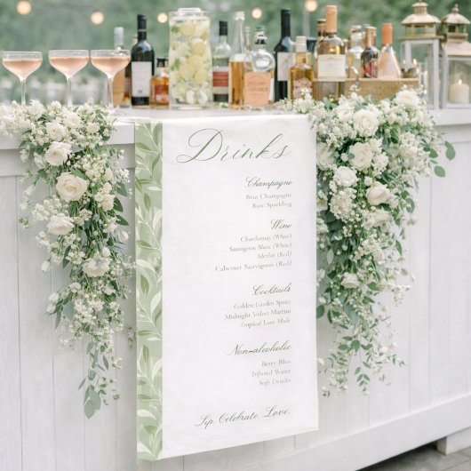 Elegant Sage Green Botanical Wedding Drinks Menu  Banner