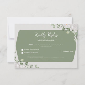 Elegant Sage Green Botanical White Floral Wedding RSVP Karte