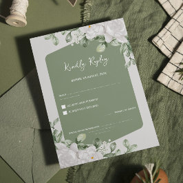 Elegant Sage Green Botanical White Floral Wedding RSVP Karte