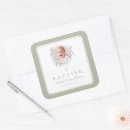 Elegant Sage Green Bow Boy Photo Baptism Quadratischer Aufkleber