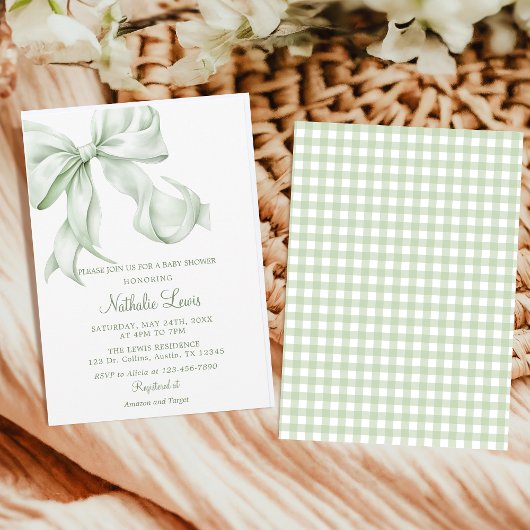 Elegant Sage Green Bow Gingham Baby Shower Einladung